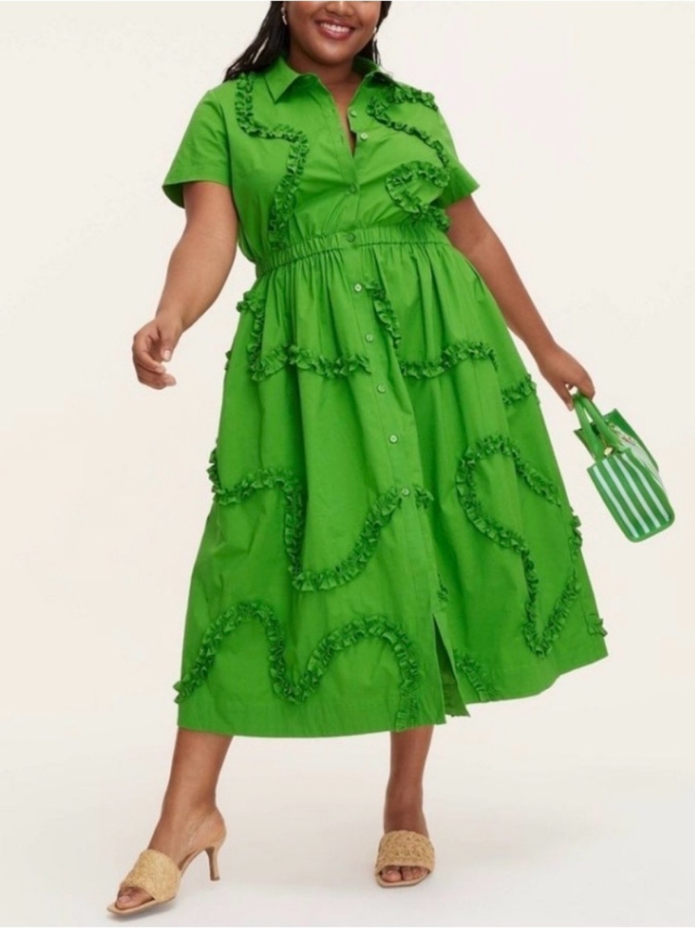 Kate Spade Green Ribbon Short Sleeve Midi Shirtdress Size S